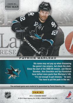 2012-13 Panini Certified - Fabric of the Game Mirror #FOG-MAR Patrick Marleau Back