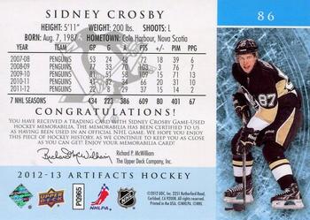 2012-13 Upper Deck Artifacts - Jersey/Jersey Horizontal #86 Sidney Crosby Back