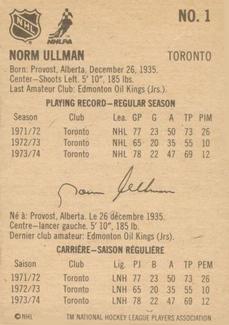 1974-75 Lipton Soup #1 Norm Ullman Back