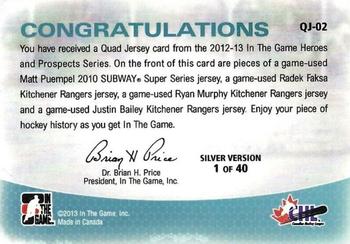 2012-13 In The Game Heroes and Prospects - Jersey Quads #QJ-02 Matt Puempel / Radek Faksa / Ryan Murphy / Justin Bailey Back