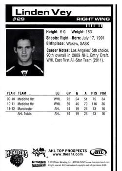 2012-13 Choice AHL Top Prospects #29 Linden Vey Back