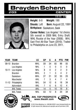 2012-13 Choice AHL Top Prospects #3 Brayden Schenn Back