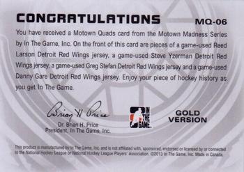 2012-13 In The Game Motown Madness - Jersey Quads Gold #MQ-06 Reed Larson / Steve Yzerman / Greg Stefan / Danny Gare Back