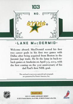 2012-13 Panini Rookie Anthology #103 Lane MacDermid Back