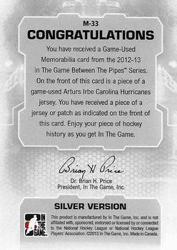 2012-13 In The Game Between The Pipes - Jerseys Silver #M-33 Arturs Irbe Back