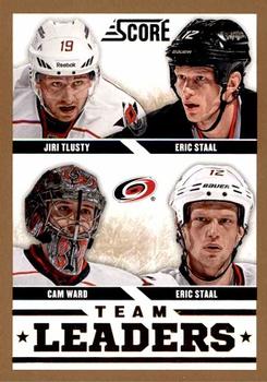 2013-14 Score - Gold #555 Cam Ward / Eric Staal / Jiri Tlusty Front