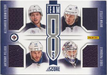 2013-14 Score - Team8s Jerseys #T8-JET Alexander Burmistrov / Anthony Peluso / Bryan Little / Eddie Pasquale / Ondrej Pavelec / Tobias Enstrom / Zach Bogosian / Zach Redmond Front