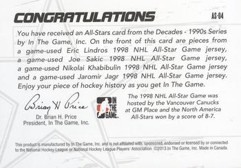 2013-14 In The Game Decades 1990s - All Stars Quad Jerseys Silver #AS-04 Eric Lindros / Joe Sakic / Nikolai Khabibulin / Jaromir Jagr Back