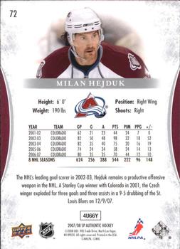 2007-08 SP Authentic #72 Milan Hejduk Back