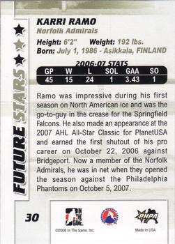 2007-08 In The Game Between the Pipes #30 Karri Ramo Back