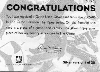 2005-06 In The Game Between the Pipes - Game-Used Glove #GUG-02 Patrick Roy Back