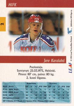 1994-95 Leaf Sisu SM-Liiga (Finnish) #2 Jere Karalahti Back