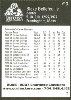 2006-07 Last Minute Golfer Charlotte Checkers (ECHL) #2 Blake Bellefeuille Back