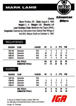 1991-92 IGA Edmonton Oilers #NNO Mark Lamb Back
