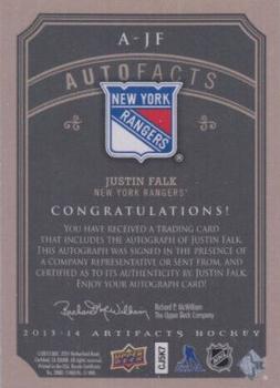 2013-14 Upper Deck Artifacts - Autofacts #A-JF Justin Falk Back