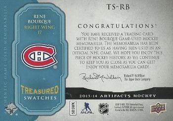 2013-14 Upper Deck Artifacts - Treasured Swatches Blue #TS-RB Rene Bourque Back