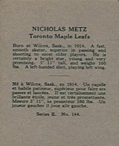 1937-38 O-Pee-Chee (V304E) #144 Nick Metz Back