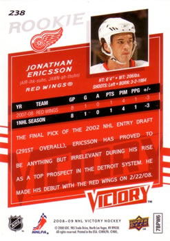 2008-09 Upper Deck Victory #238 Jonathan Ericsson Back