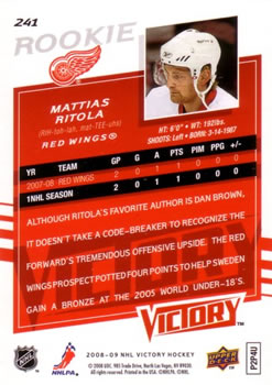 2008-09 Upper Deck Victory #241 Mattias Ritola Back