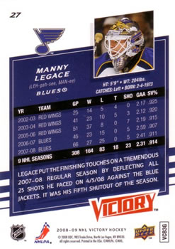 2008-09 Upper Deck Victory #27 Manny Legace Back