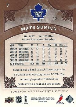 2008-09 Upper Deck Artifacts #7 Mats Sundin Back