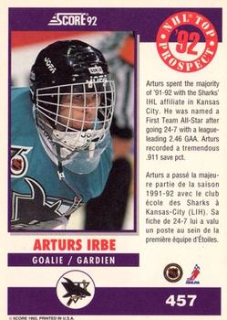 1992-93 Score Canadian #457 Arturs Irbe Back