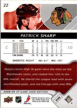 2008-09 SP Game Used #22 Patrick Sharp Back