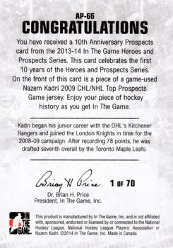 2013-14 In The Game Heroes and Prospects - Tenth Anniversary Jersey #AP-66 Nazem Kadri Back