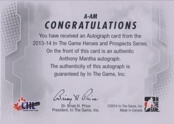 2013-14 In The Game Heroes and Prospects - Autographs #A-AM Anthony Mantha Back