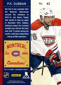 2013-14 Panini Contenders #62 P.K. Subban Back