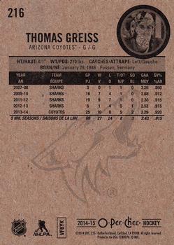2014-15 O-Pee-Chee #216 Thomas Greiss Back
