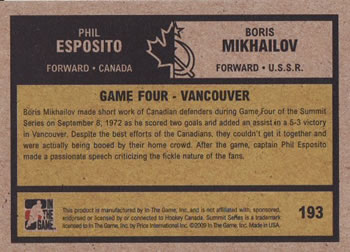 2009-10 In The Game 1972 The Year In Hockey #193 Boris Mikhailov / Phil Esposito Back