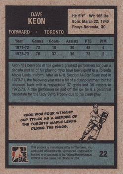 2009-10 In The Game 1972 The Year In Hockey #22 Dave Keon Back