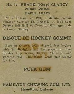 1933-34 Hamilton Gum (V288) #17 King Clancy Back