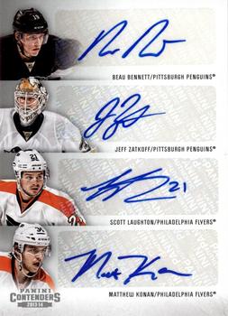 2013-14 Panini Contenders - Fours Autographs #C4-RK4 Beau Bennett / Jeff Zatkoff / Matthew Konan / Scott Laughton Front