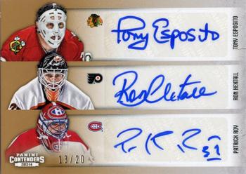 2013-14 Panini Contenders - Sixes Autographs Gold #C6-G Tony Esposito / Ron Hextall / Patrick Roy / Curtis Joseph / Henrik Lunqvist / Carey Price Front