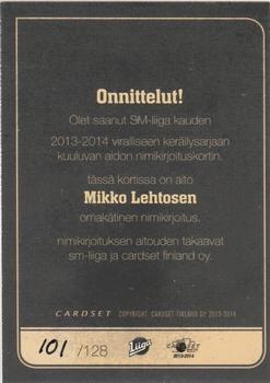 2013-14 Cardset Finland - Signature #NNO Mikko Lehtonen Back