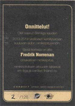 2013-14 Cardset Finland - Signature #NNO Fredrik Norrena Back