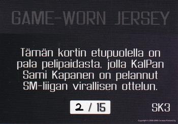 2008-09 Cardset Finland - Game-Worn Jerseys Purple #SK3 Sami Kapanen Back
