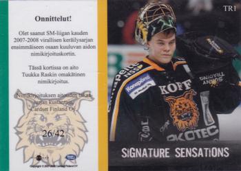 2007-08 Cardset Finland - Signature Sensations #TR1 Tuukka Rask Back