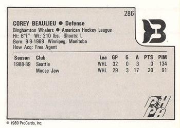 1989-90 ProCards AHL #286 Corey Beaulieu Back