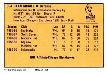 1990-91 ProCards AHL/IHL #394 Ryan McGill Back