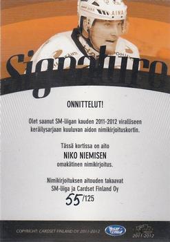 2011-12 Cardset Finland - Signature #NNO Niko Nieminen Back
