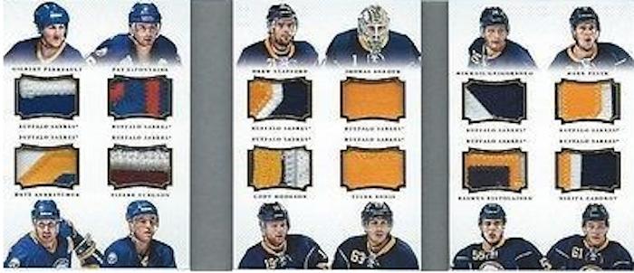 2013-14 Panini National Treasures - Sweeter by the Dozen Jerseys Patch #SD-BUF Cody Hodgson / Dave Andreychuk / Drew Stafford / Gilbert Perreault / Jhonas Enroth / Mark Pysyk / Mikhail Grigorenko / Nikita Zadorov / Pat LaFontaine / Pierre Turgeon / Rasmus Ristolainen / Tyler Ennis Front