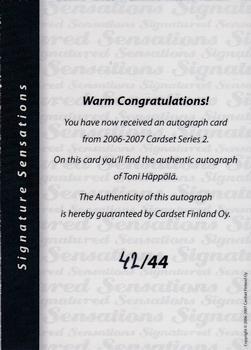 2006-07 Cardset Finland - Signature Sensations 2 #NNO Toni Häppölä Back