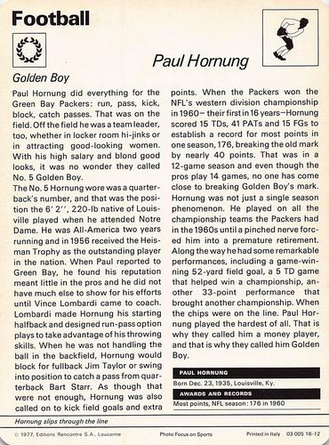1977-79 Sportscaster Series 16 #16-12 Paul Hornung Back