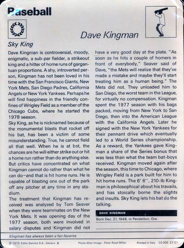 1977-79 Sportscaster Series 27 #27-21 Dave Kingman Back