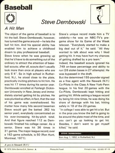 1977-79 Sportscaster Series 87 #87-18 Steve Dembowski Back