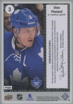 2014 Upper Deck 25th Anniversary - Silver Celebration Autographs #3 Dion Phaneuf Back