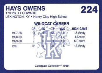 1989-90 Collegiate Collection Kentucky Wildcats #224 Hays Owens Back